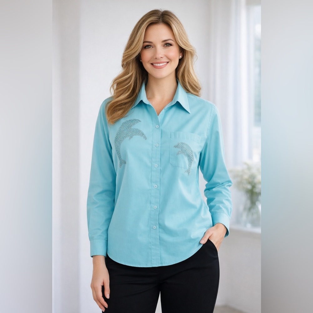 Aqua Rhinestone Dolphin Button-Down Shirt – Y2K Western Bling (M)